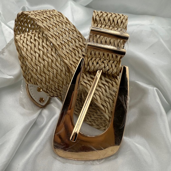 None Accessories - New Gold and Tan Woven Women's Belt